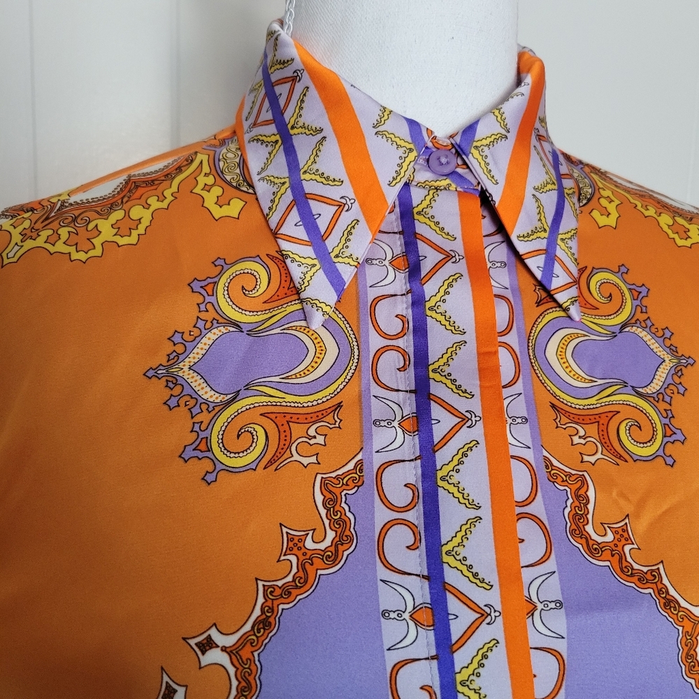 Rachel Zoe Button Down Collared Blouse Orange & P… - image 8